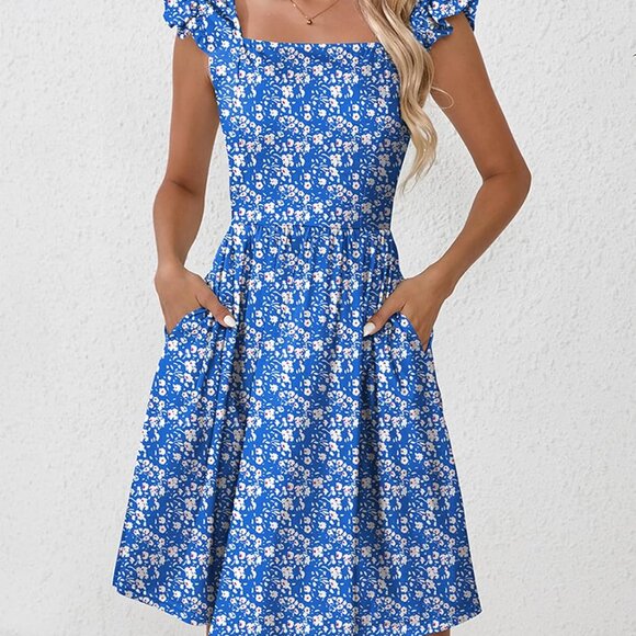 Women's Floral Summer Dress with Pockets Square Neck A-Line Beach Casual - Picture 2 of 5